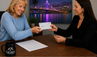 A woman handing over a card